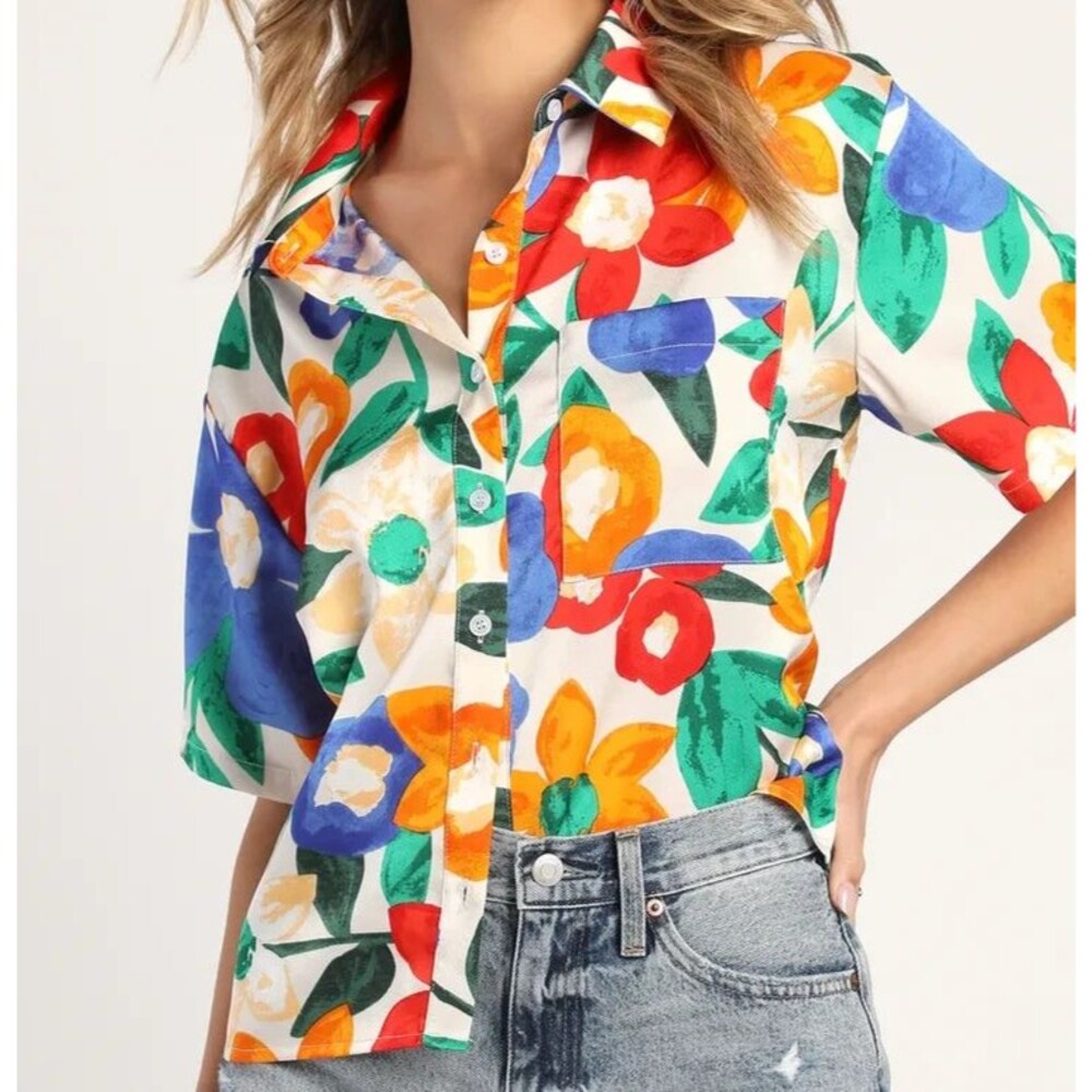 Lulus Tropical Floral Print Short Sleeve Button-Up Top, Size S